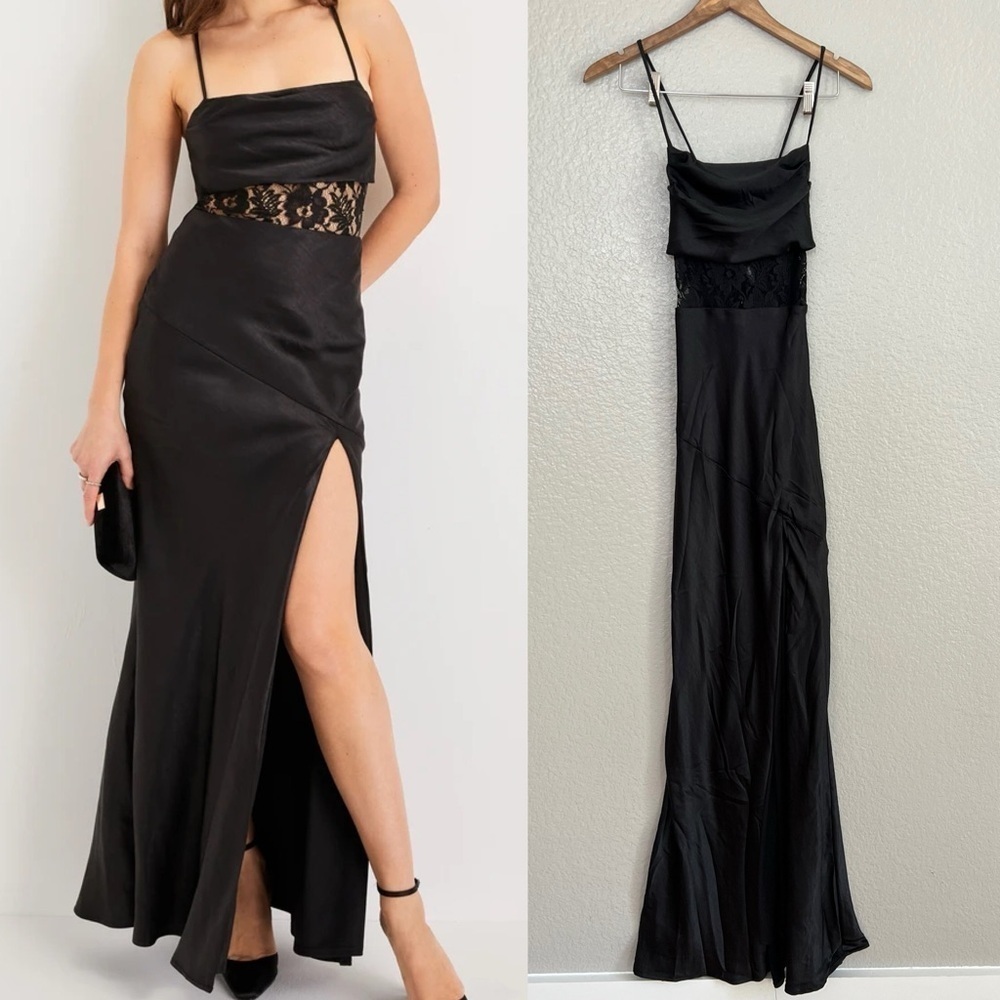 Romantic Intrigue Black Satin Lace Lace-Up Maxi Dress